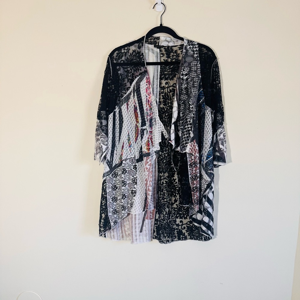 Kimono Patchwork Lace Sheer Lagenlook Boho Mixed Print Quarter Sleeve S/M